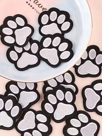 黑色小狗爪印可爱布贴，花卉刺绣徽章，熨烫贴布，卡通刺绣校服布贴
