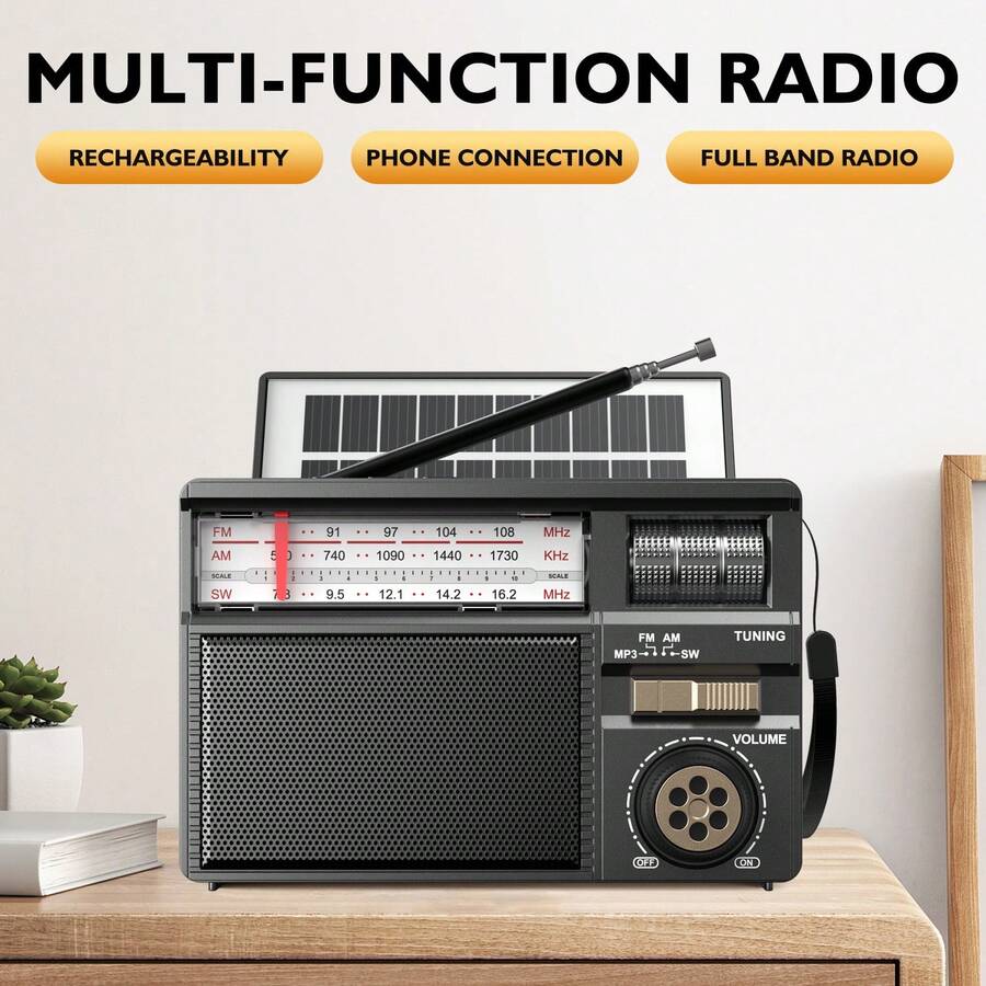 Radio Multiband Retro, Mendukung Koneksi Audio Nirkabel, Pengisian Daya Tenaga Surya dan Multi-Mode, Baterai Tahan Lama 1200mAh, Berbagai Mode Pemutaran - Hitam - View 1
