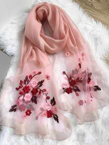 Women Elegant Pink Solid Beaded Floral Embroidery Scarf For Summer Travel, Autumn & Winter Warmth, Decorative Shawl Valentine Day OMAQ - 粉色 - 查看 3