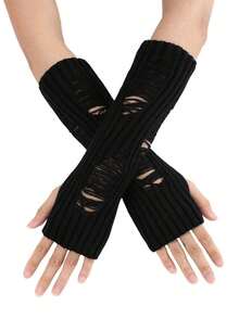 1 Pair Solid Color Hollow-Out Knitted Fingerless Arm Warmers, Streetwear Style, Acrylic Yarn, Mid-Length, Suitable For Autumn/Winter, Students, Office, Writing, Keeping Hands Warm - A - Xem 3