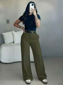 Women's High Waist Wide Leg Pants |   Spring Women's Clothing |   Casual Elegant Office Pants |   Spring Casual Wear |   Solid Color Loose Straight Bottoms |   Spring Apparel |   Women's Casual Wear |   Soft Comfortable Casual Pants |   Women's Casual Clothing |   Minimalist Fashion Workwear |   Casual Suit |   New Year Preparation |   Essential For Spring & Autumn, No Belt Included - 軍綠色 - 查看 7