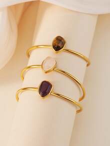 1pc Stainless Steel Green Oval Gemstone Bangle, 18K Gold Plated Open Cuff Bracelet, Women Jewelry, Vintage Bohemian Style, Beach Party Gift - 1 - View 9