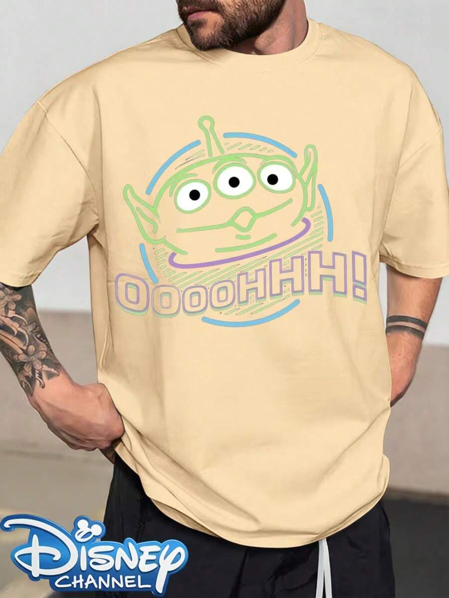 Disney Toy Story Alien OOOOHHHH Fun Funny Line Wind Printed Men's T-Shirts Fashion Design Sense Simple And Versatile, Best-Selling Design Sense Round Neck Men's Twill Fabric T-Shirts+Edge Summer Casual Men's T-Shirts. - Apricot - View 1