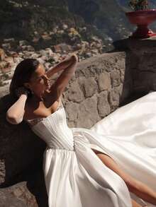 Glamorous Strapless Sweetheart Satin A-Line Wedding Dress With Beaded Trim, High Slit, Wedding Dresses For Bride, Elegant And Comfortable, Includes Plus Sizes, Bridal Gown, Formal Dresses For Women, Suitable For Wedding, Party, After-Party Dress, Cocktail Party, Bride, Formal Occasions, Dinner Dress, Prom Dress, Birthday Party, Celebration, Gala, Festival, Ceremony, Graduation, Homecoming Dress, Vacation, White - 白色 - 查看 2