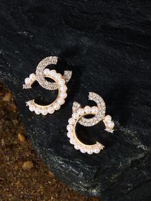 Opalesca 1 对优雅奢华几何图案人造珍珠耳钉，适合任何场合的女士 - 金色 - 查看 1