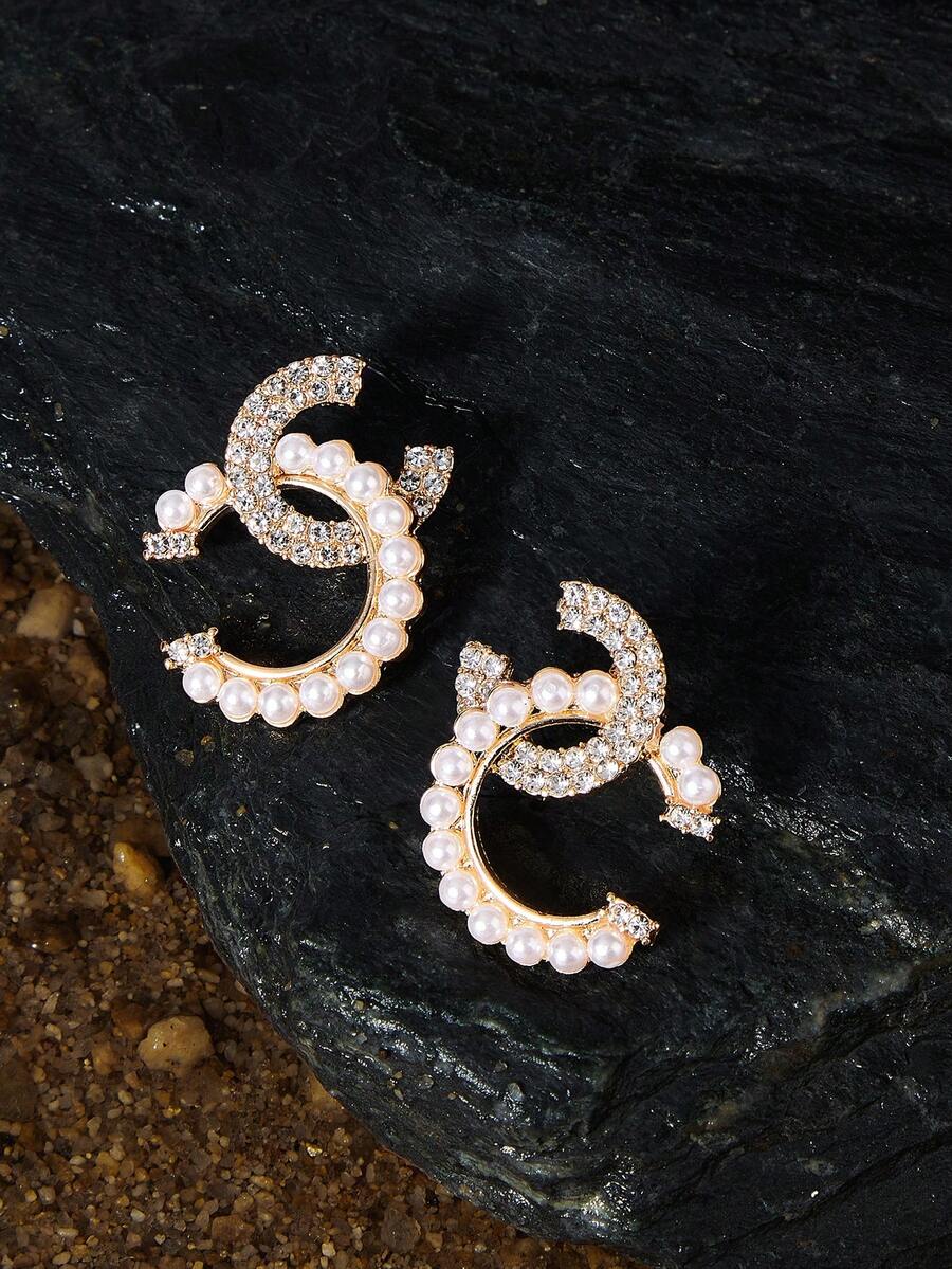 Opalesca 1 par de elegantes pendientes de perlas artificiales con diseño geométrico de lujo, adecuados para mujeres en cualquier ocasión - Dorado - Ver 1