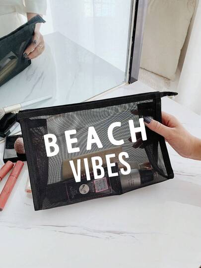 Women's "Beach Vibes" Mesh Makeup Bag, Beach-Themed Letter Print Transparent Zipper Pouch In Multiple Colors, Mesh Handbag, Lager Capacity Beach Mesh Cosmetic Bag, Portable Travel Toiletry Bag For Cosmetics, Beach Essentials, Skincare, Lightweight Mesh Skincare Bag, Multi Functional Storage Bag