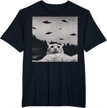 ThreadWeird Alien Cat UFO T-Shirt - Classic Fit, Round Neck, Black, Adult - Black - View 1