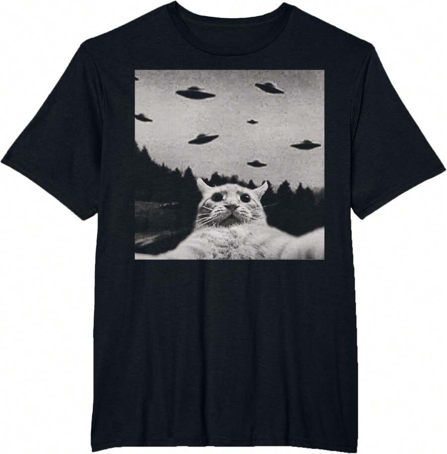 ThreadWeird Alien Cat UFO T-Shirt - Classic Fit, Round Neck, Black, Adult - Black - View 1
