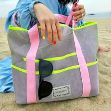 1 Large Capacity Beach Handbag, Polyester Fiber Fitness Swimwear Bag, Portable Foldable Shoulder Back Mesh Bag, No Closure Design, Hand Washable - Available In Grey, Blue, Optional, Beach Bag - Multicolor - View 4