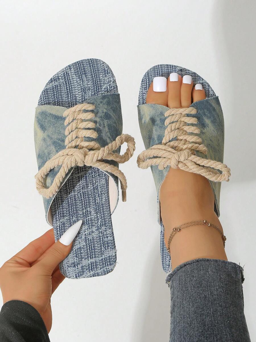 Women's Sandals, Denim Women's Shoes, Punk Style Women's Flat Sandals, Slide Sandals - Baby Blue - View 1