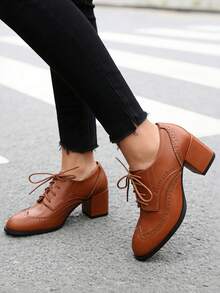 Women's Lace Up Brogue Oxfords Pumps Fashion Mixed Colors Patchwork Chunky Heels Round Toe Formal Dress British Style Shoes Woman - 棕色 - 查看 2