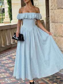 Unadoll 女士夏季性感单肩褶皱拉链设计优雅连衣裙，适合度假、约会、旅行、外出、生日、情人节等场合。 - 藍色 - 查看 10