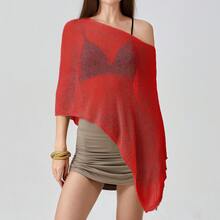 Women Sheer Mesh Poncho Top Crochet Knit Lightweight See Through Shawl Wrap Summer Oversized Loose Shrug Beachwear Swimsuit Bikini Cover Ups - 紅色 - 查看 4