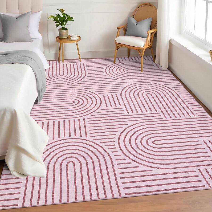 1Pcs Room Decor Modern Rainbow Stripe Geometric Pink Rug For Living Room Bedroom Runner For Hallway Non-Slip Machine-Washable Floor Mat Foldable & Durable Home Decor Abstract Area Rug For Dining Room Dorm - Hồng - Xem 1