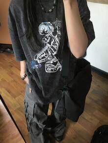 2026夏季新款女式休闲宽松圆领动漫Y2K印花图案T恤，复古做旧街头时尚百搭短袖T恤 - 黑色 - 查看 2