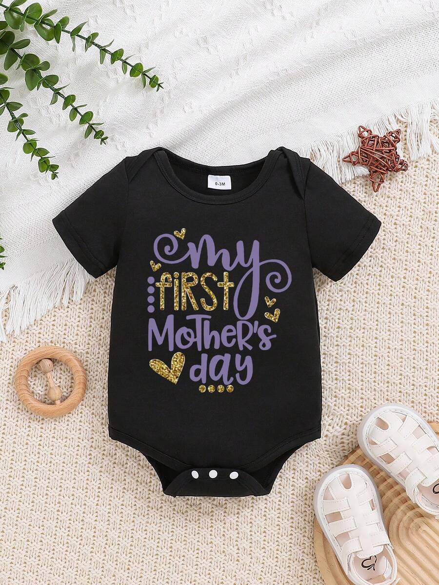 Our First First Mother's Day Together With Cartoon Print Cute Baby Onesies - Black - View 1