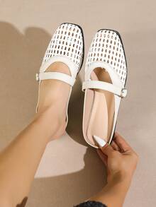 Giày bệt nữ kiểu dáng retro, hở gót, mũi vuông, thoải mái. - Màu be - Xem 8