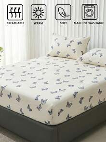 Juego de ropa de cama de 3 piezas con estampado de mariposas azules 100% algodón, estilo campestre americano, adecuado para dormitorio y habitación, regalo perfecto para ocasiones especiales, suave y amigable con la piel para todas las estaciones, incluye 1 sábana ajustable + 2 fundas de almohada, sin edredón incluido - Multicolor - Ver 7