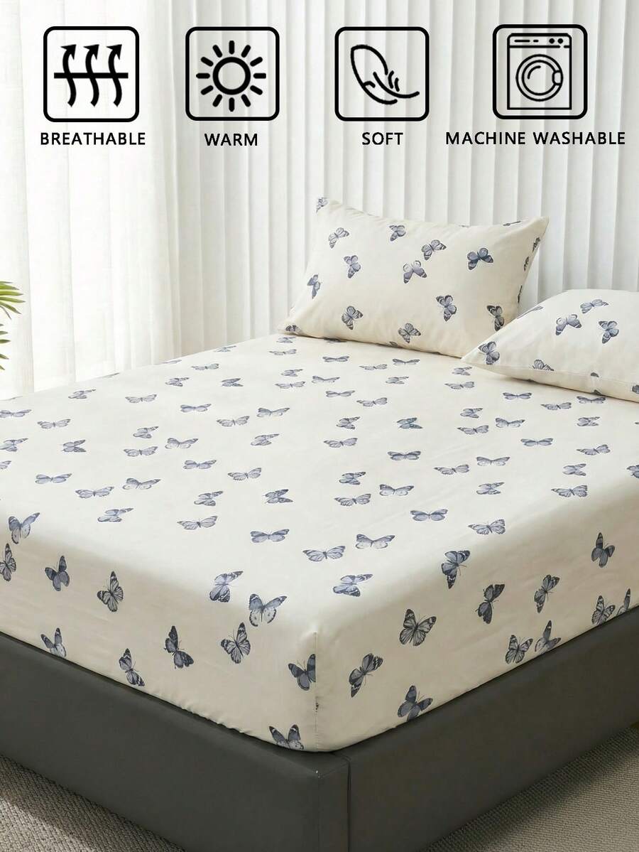 3件套蓝色蝴蝶图案100%纯棉印花床上用品套装，美式乡村风格，适合卧室和宿舍，完美的节日礼物，柔软亲肤，四季皆宜，包含1个床笠和2个枕套，不含被芯。