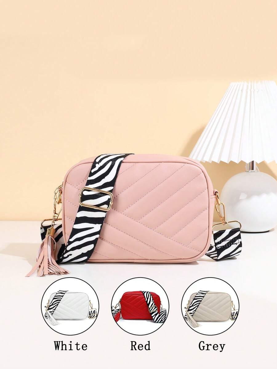 1pc Girls' Quilted Crossbody Bag, Adjustable Zebra Print Strap, Fashionable Diamond Embroidery, Great Gift - Multicolor - View 1