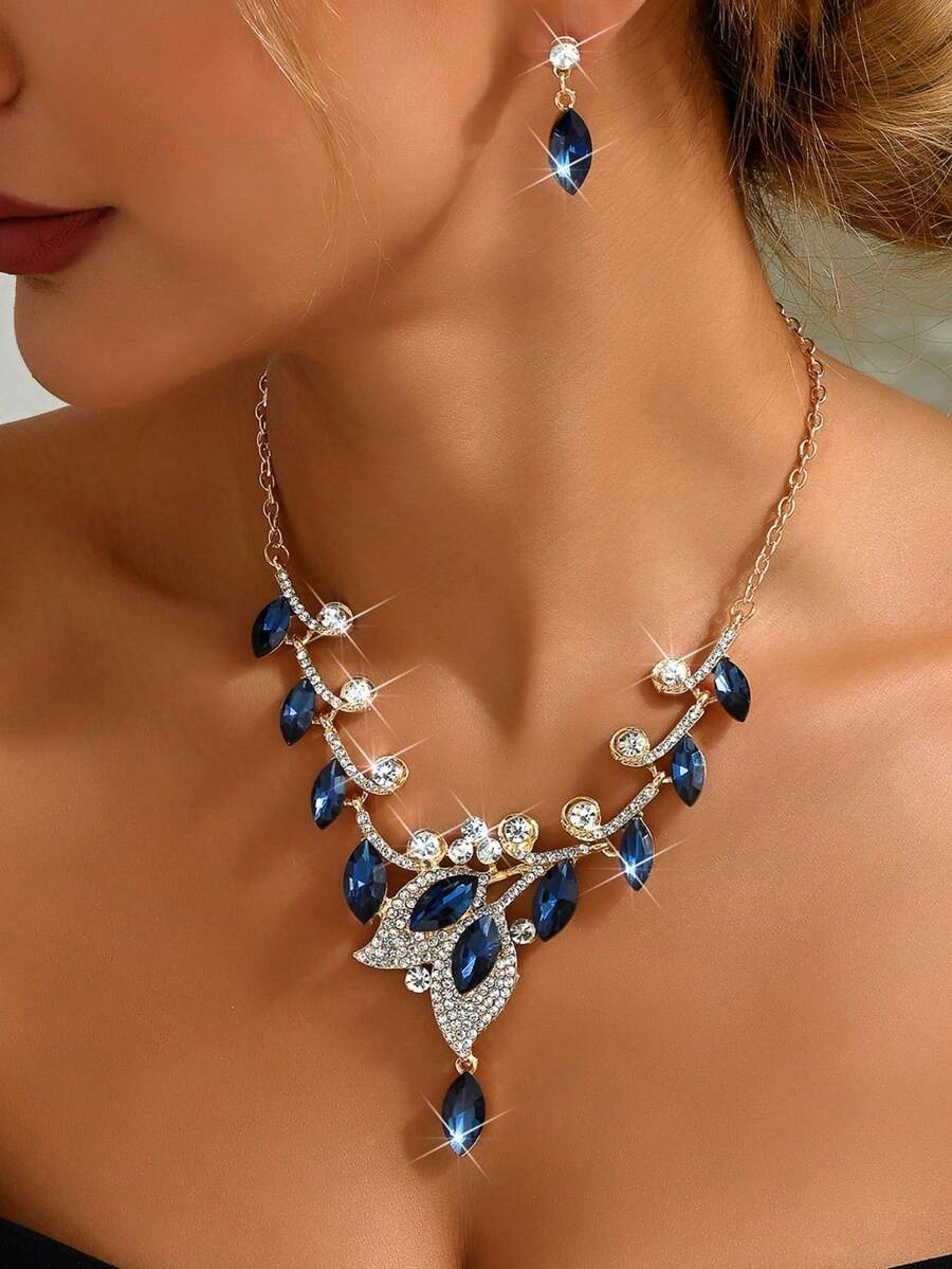 3pcs/Set Women's Leaf Crystal Necklace And Earring Set, Elegant And Luxurious, Suitable For Daily Use, Dinners, Weddings And Brides, Birthday Parties - Earrings + Necklace - View 1