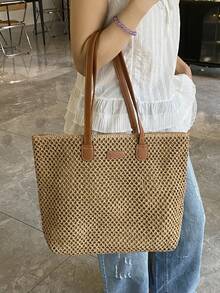 New Arrival Minimalist Hollow Straw Beach Bag, Casual Lightweight Shoulder Tote Bag For Women - Khaki - View 5
