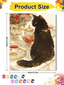 [2D平面] 1件 黑猫玫瑰茶具 DIY数字油画帆布画 DIY工艺品 成人家居装饰礼物 40x50厘米/16x20英寸 优雅复古风格艺术品，适用于客厅墙面装饰。 - 40*50厘米 - 查看 2