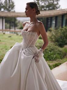 Opulent Strapless Lace Illusion Bodice Satin Ballgown Wedding Dress, Wedding Dresses For Bride, Elegant And Comfortable, Includes Plus Sizes, Bridal Gown, Formal Dresses For Women, Suitable For Wedding, Party, Vacation, Bride, Formal Occasions, Dinner Dress, Prom Dress, After-Party Dress, Homecoming Dress, Cocktail Party, Birthday Party, Celebration, Gala, Festival, Ceremony - trắng - Xem 2