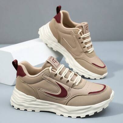 New Thick Sole Sports Shoes For Women, Black Leather Upper, Breathable, Fashionable Outdoor Running Chunky Sneakers, Suitable For All Seasons