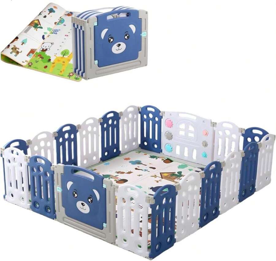 TUMYES Corralito Plegable para Bebés, 223 * 192 * 64cm Parque de Juegos para Nios, con 180 * 200cm Colchoneta para Gatear, con Ventosas y Antideslizantes, Corral Hogar Interior Exterior (20 paneles) - ColorA - Ver 1