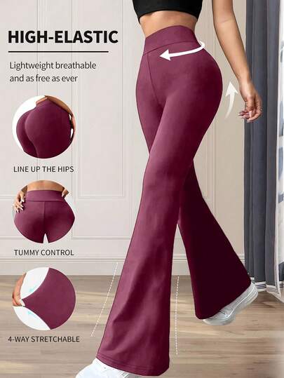 High Waist Slim Fit Flare Leg Yoga Pants, Women's Solid Color Stretchy Flare Pants, Casual Sports Trousers Spring