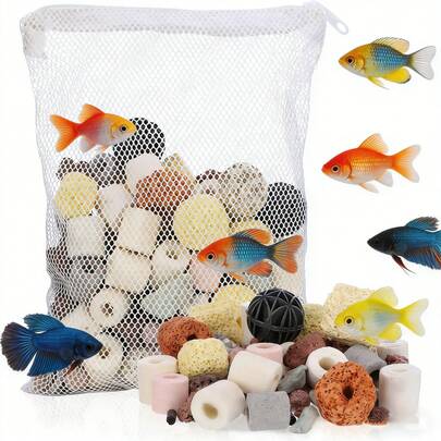 1磅装水族箱陶瓷环过滤介质，水族箱过滤材料，细菌过滤介质，龟缸水净化材料，水族箱生物过滤介质，陶瓷环，活性炭，生物球，淡水和海水生物过滤介质，适用于锦鲤池和水族箱（带网袋）