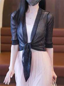 女士亮面长袖透明前系带开衫，派对轻薄短款披肩 - 彩色 - 查看 14