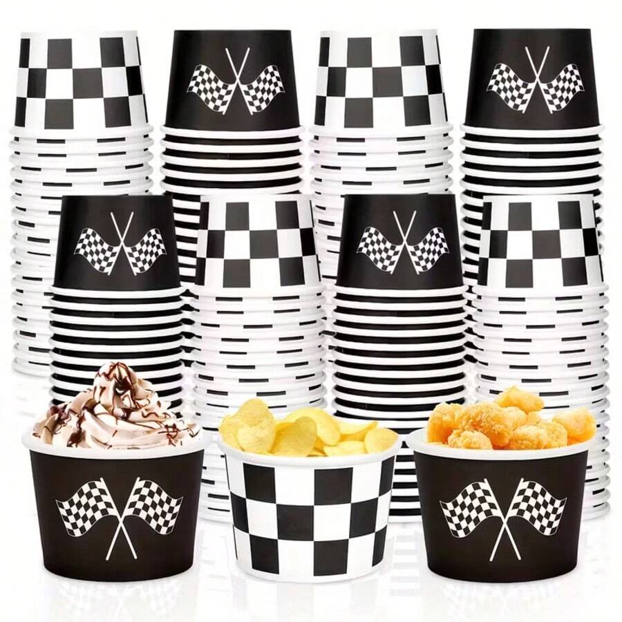 10个/20个/40个装黑白格子冰淇淋赛车主题派对冰淇淋杯、甜点杯、圣代杯、婚礼生日派对用品 - 查看 1