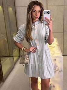 Midi Flared Shirt Dress With Mandarin Collar, High Button-Down Shirt, Linen Beach Cover-Up With Long Sleeves, Ruffled Trim, And Striped Design. - Blue - View 2