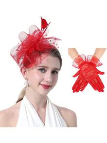 3pcs Fascinator With Lace Gloves Tea Party Hat For Horse Racing Flower Kentucky Derby Hat For Women Mother's Day Gift - Multicolor - View 15