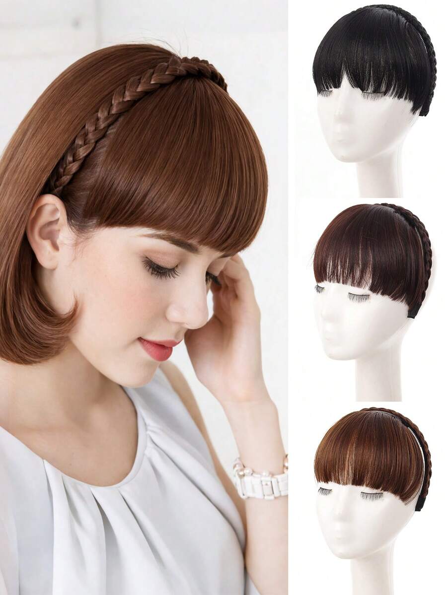 女士合成假发，带刘海，编织刘海，发带，发夹，假刘海，接发，隐形逼真刘海假发发带 - 彩色 - 查看 1