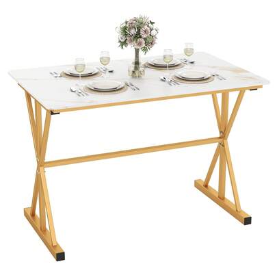  COSTWAY Sintered Stone Dining Table With Metal Frame, Gold