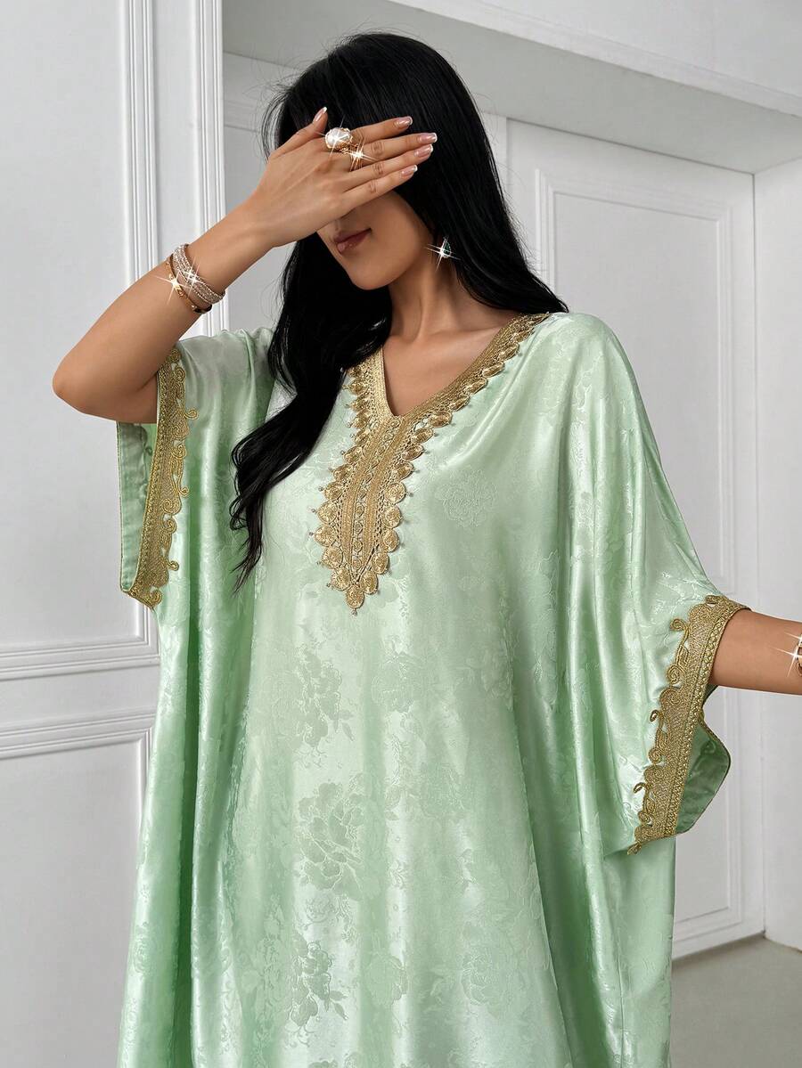 Women's Elegant Patchwork Gold Ribbon V-Neck Loose Mint Satin Arabic Abaya, Luxury Kaftan & Jalabiya,Wedding Party Dress,Wedding Guest Outfit,Summer Holiday Outfits - Mint Green - View 1