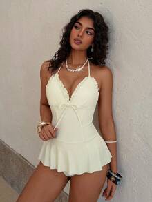 Bella 女士夏季度假可爱碎花撞色V领吊带泳衣 2026，热情芭蕾舞风格露肩泳装，蛋糕裙摆和蝴蝶结设计，超柔软弹力面料，修身剪裁，沙滩派对泳装 - 米色 - 查看 3