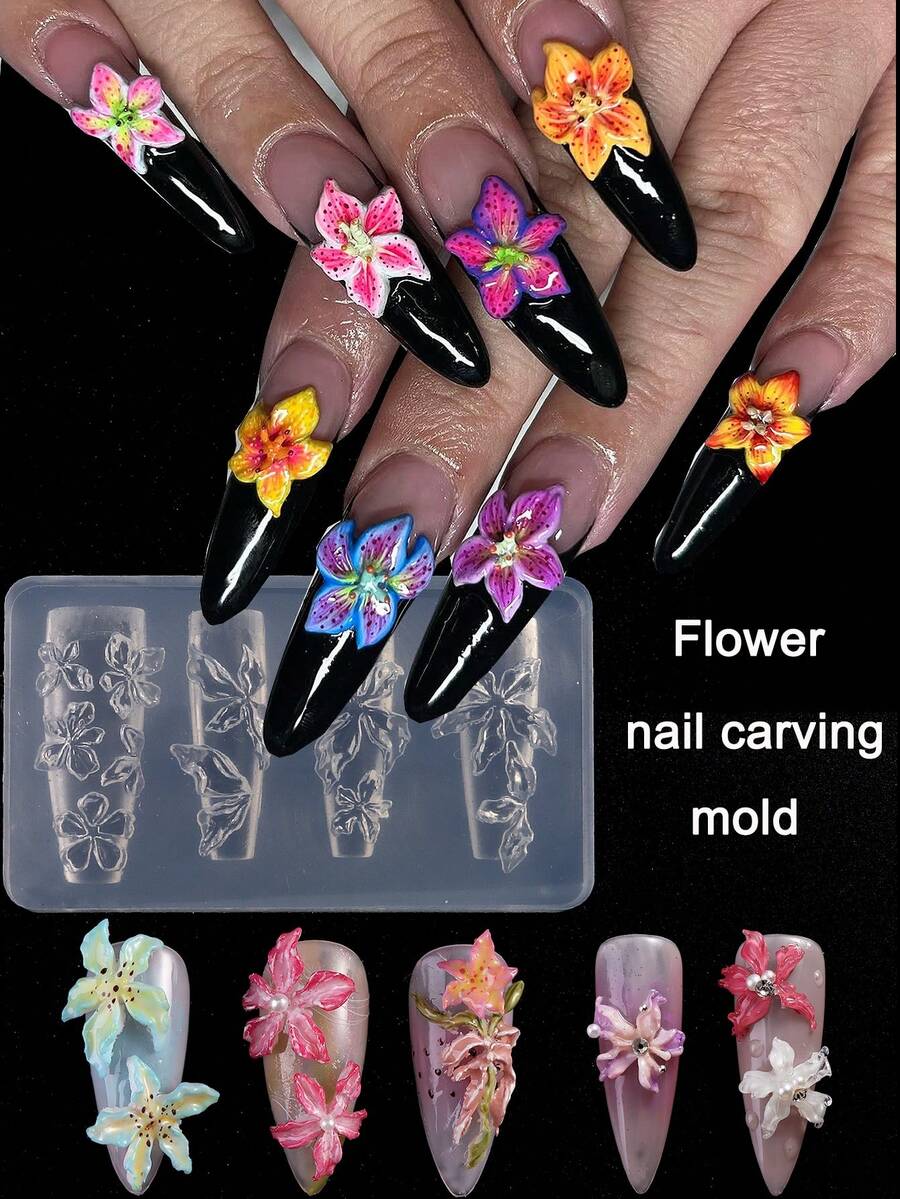Molde de tallado de uñas con relieve tridimensional de flores de lirio, diseño de patrón de pétalos de flores de hibisco y mariposa, herramienta de desmoldeo para manualidades de arte de uñas, suministros de manicura - transparente - Ver 1