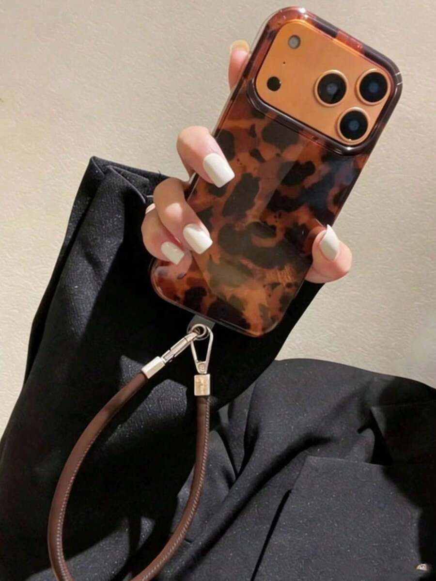 Luxury Leopard Print Seashell Texture Phone Case, Suitable For IPhone 17 Pro Max, 17 Pro, 17 Air, 17, 16, 15, 14 Plus, 13, 12 Pro Max, 11, Fashionable Shock-Resistant Back Cover - Gold Base Leopard Print + Rope - View 1