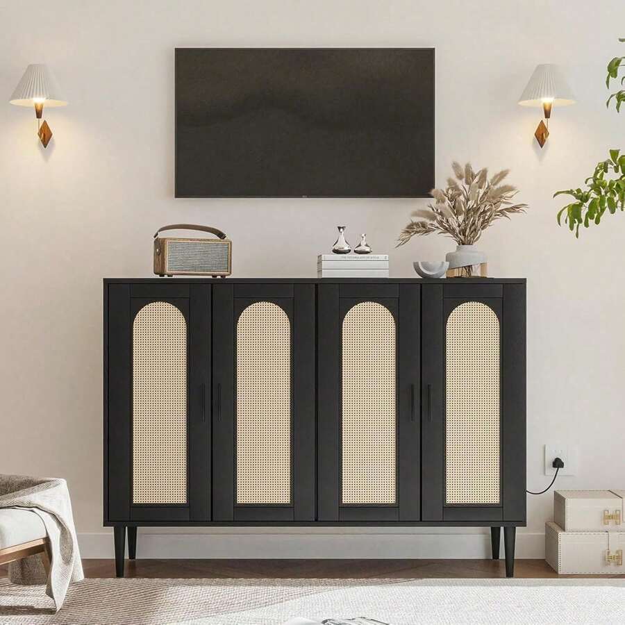 Gabinete de buffet de aparador de madera con 4 puertas, Ratan Side Board Accent Buffet con toma de corriente, aparador de madera, gabinete Boho para la entrada, pasillo, comedor, sala de estar, café bar - Negro - Ver 1