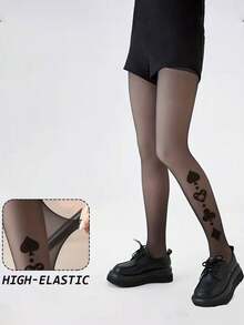 1双优雅扑克牌图案紧身丝袜，黑色连裤袜，印花黑色紧身裤 - 黑色 - 查看 3