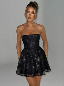 Elegant Women's Sequin Strapless Short A-Line Dress With Flared Hem, Perfect For Prom And Parties - 黑色 - 查看 1