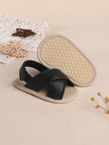1 Pasang Sandal Kasual Datar Anak Laki-laki Warna Polos dengan Desain Perekat Velcro, Cocok untuk Dipakai di Dalam Ruangan, Musim Panas - Hitam - View 8