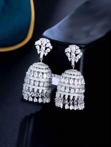 1对精美垂坠式大颗立方氧化锆奢华长款吊灯式新娘婚礼耳环，女士款 - 白色 - 查看 4