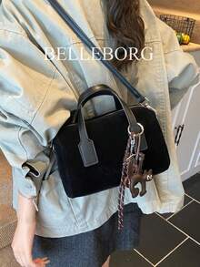 Matte Finish Tote Bag With Large Capacity, Fashionable Ladies' Handbag With Pendant - Black - View 8