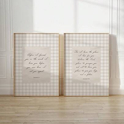 2 piezas Jeremiah 1:5 y 29;11 Cuadros de arte de pared con versículo bíblico, impresiones en lienzo de color beige neutro, carteles de Escrituras cristianas, decoración de pared de fe para la guardería, la habitación del bebé, la sala de estar, la decoración de la mezquita, regalo para ella sin marco